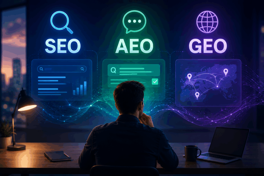 SEO vs AEO vs GEO comparison for AI search visibility